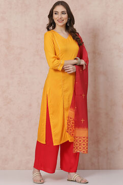 Yellow Solid Straight Suit Set image number 0